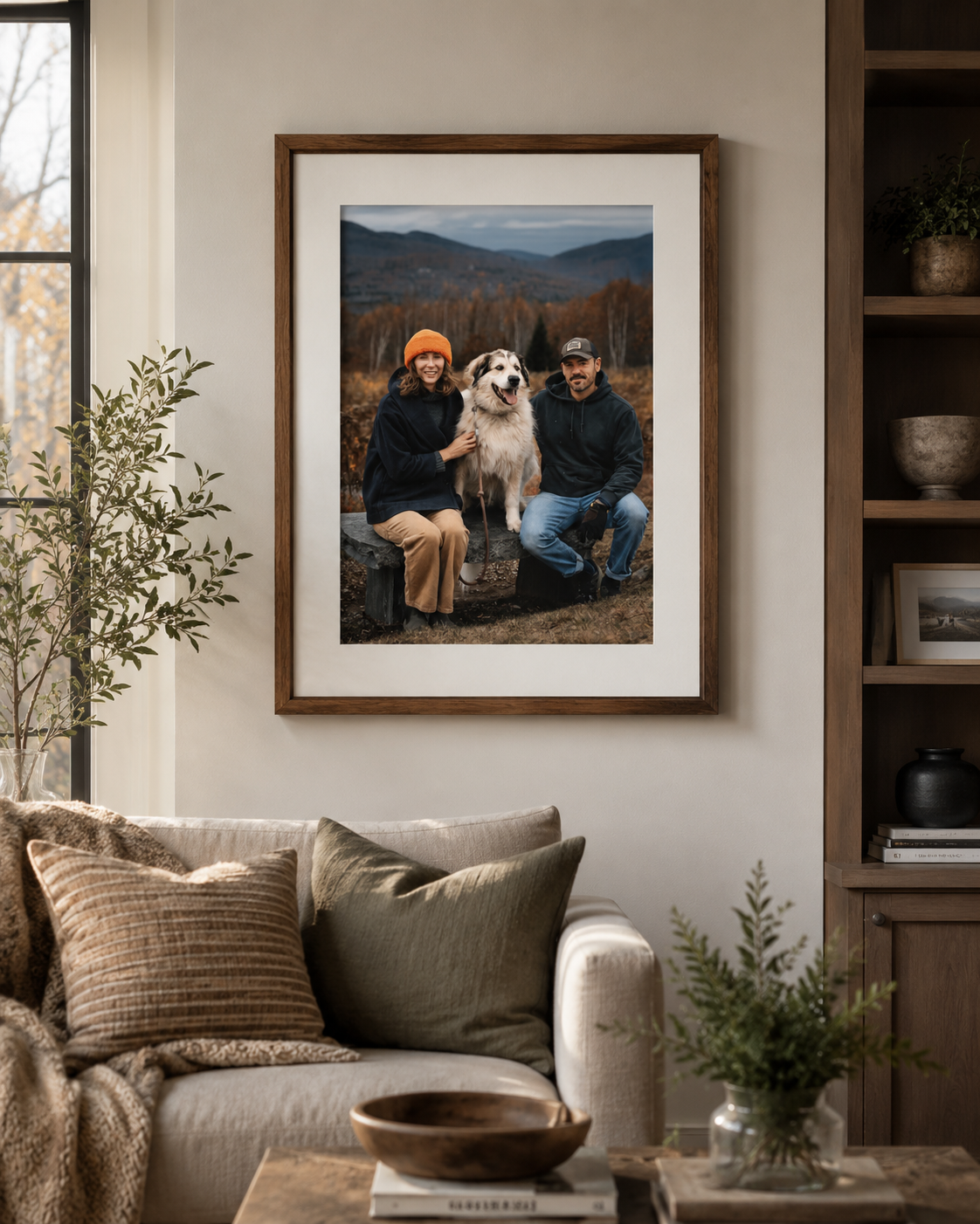 A framed portrait of a couple and their dog displayed in a warm living room
